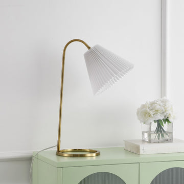 Callie 22" Modern Glam Metal Arc Adjustable Head LED Table Lamp with Pleated Shade - JONATHAN Y